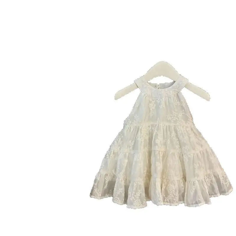 Baby Girls Floral Embroidery Swing Sundress with Hanging Neck Design Large A-Line Princess Dress for Holiday Occasions