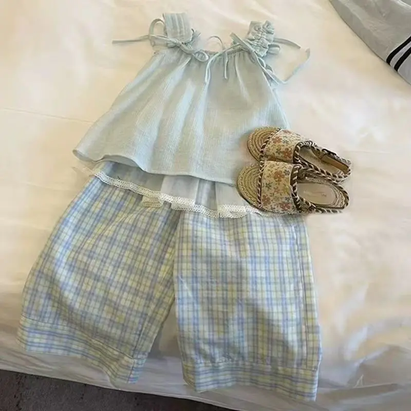 Summer Blue Plaid Two-Piece Suit Cute Chic Halter Top Plaid Pants Set - Casual Outfit Combo for Women