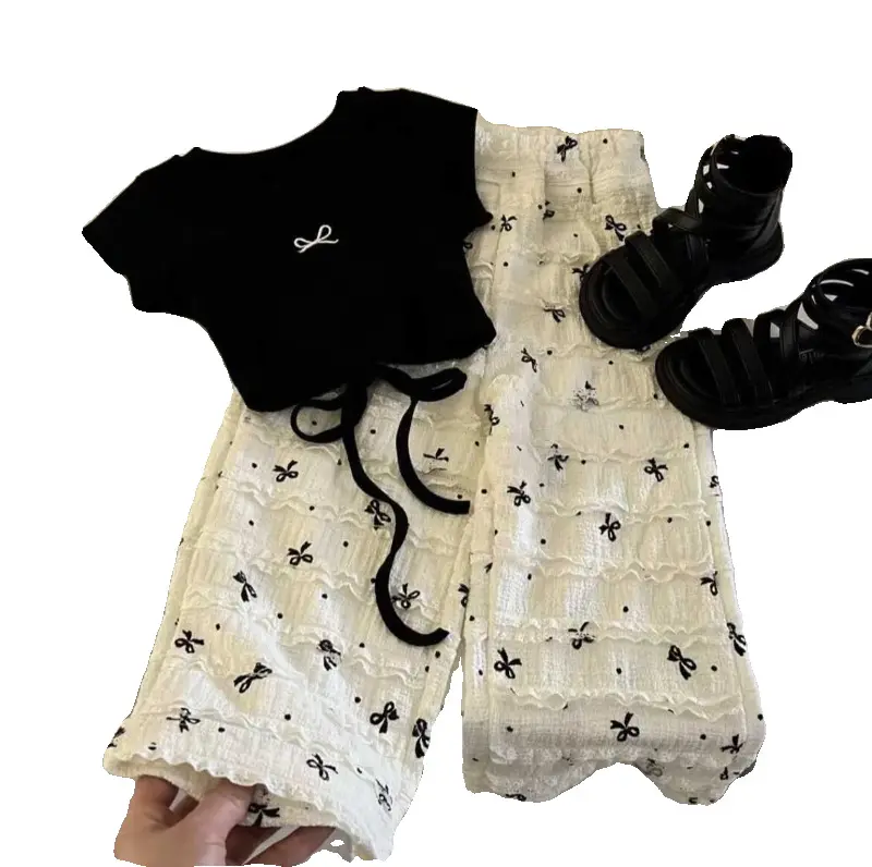 Girls Summer Stylish Short-Sleeved Suit Bow Backless Top Wide-Leg Pants Children's Fashion Outfit