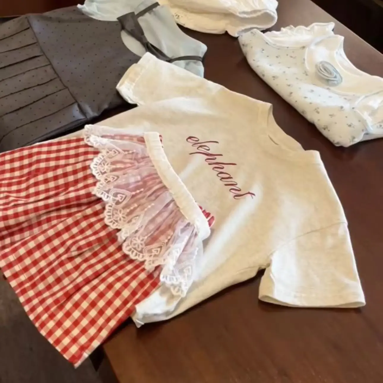Girls Summer Lace Outfit Set with Red Plaid Shorts Casual Versatile Two-Piece Letter T-Shirt Ensemble