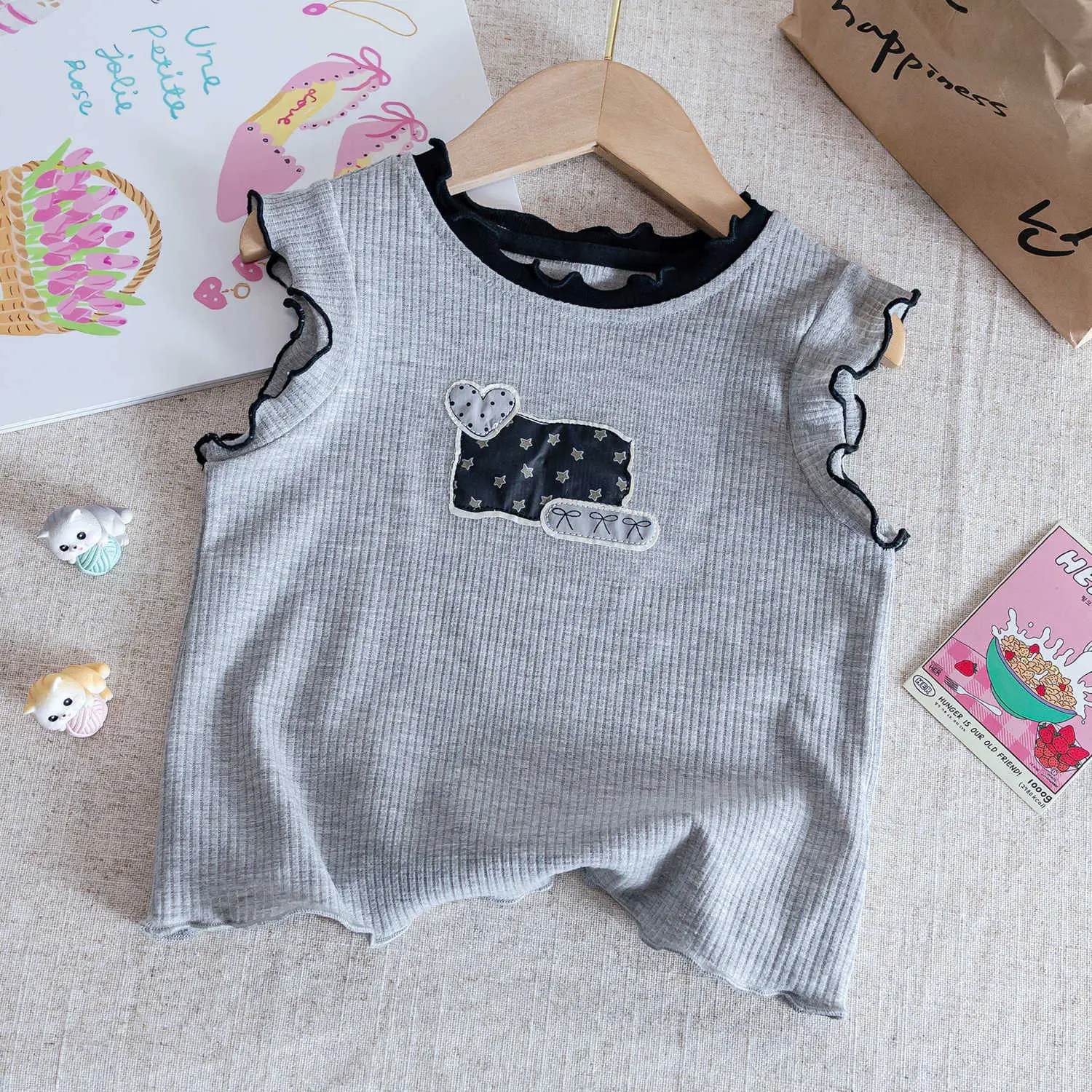 Summer Vest Set for Girls Two-Piece Black Ear-Edge Top And Polka Dot Short Skirt Baby Girls Outfit