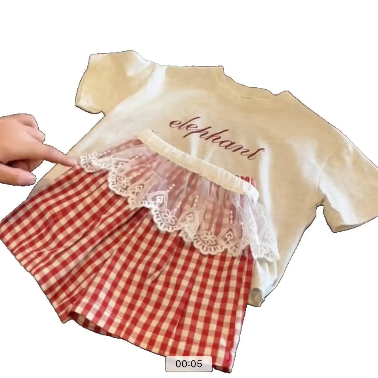 Girls Summer Lace Outfit Set with Red Plaid Shorts Casual Versatile Two-Piece Letter T-Shirt Ensemble