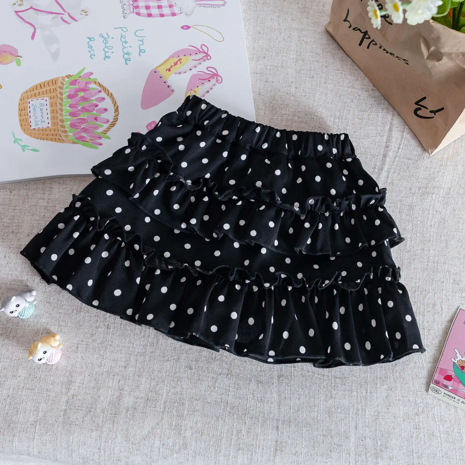 Summer Vest Set for Girls Two-Piece Black Ear-Edge Top And Polka Dot Short Skirt Baby Girls Outfit