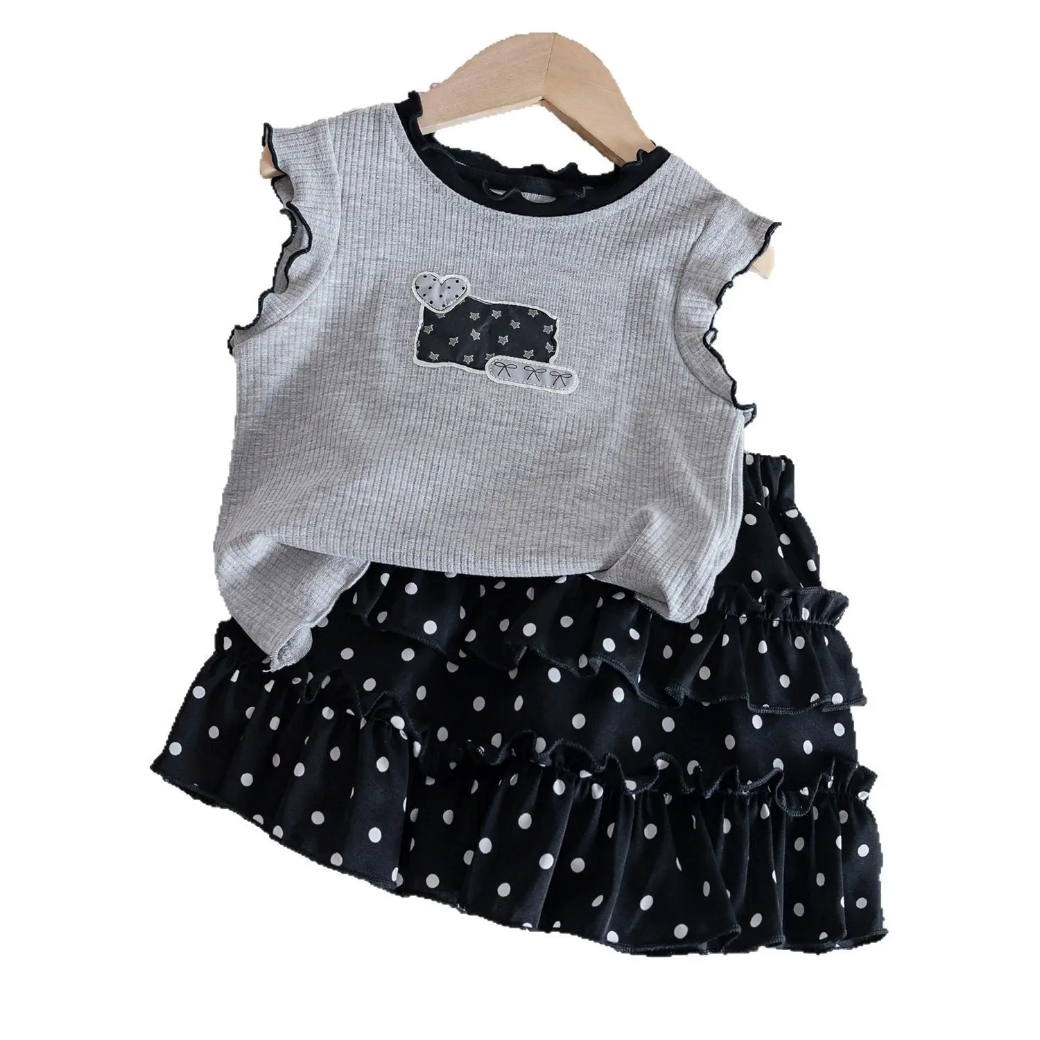 Summer Vest Set for Girls Two-Piece Black Ear-Edge Top And Polka Dot Short Skirt Baby Girls Outfit