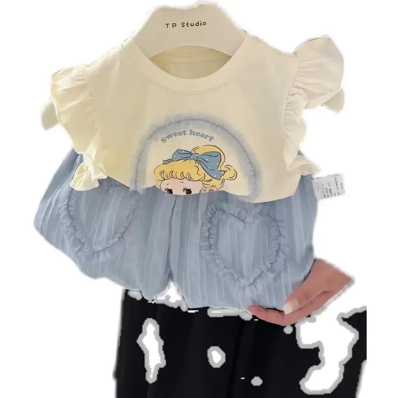 Summer Girls' Princess Cartoon Top And Pants Set Short-Sleeved Fashionable Two-Piece Outfit with Flower Bud Design for Babies
