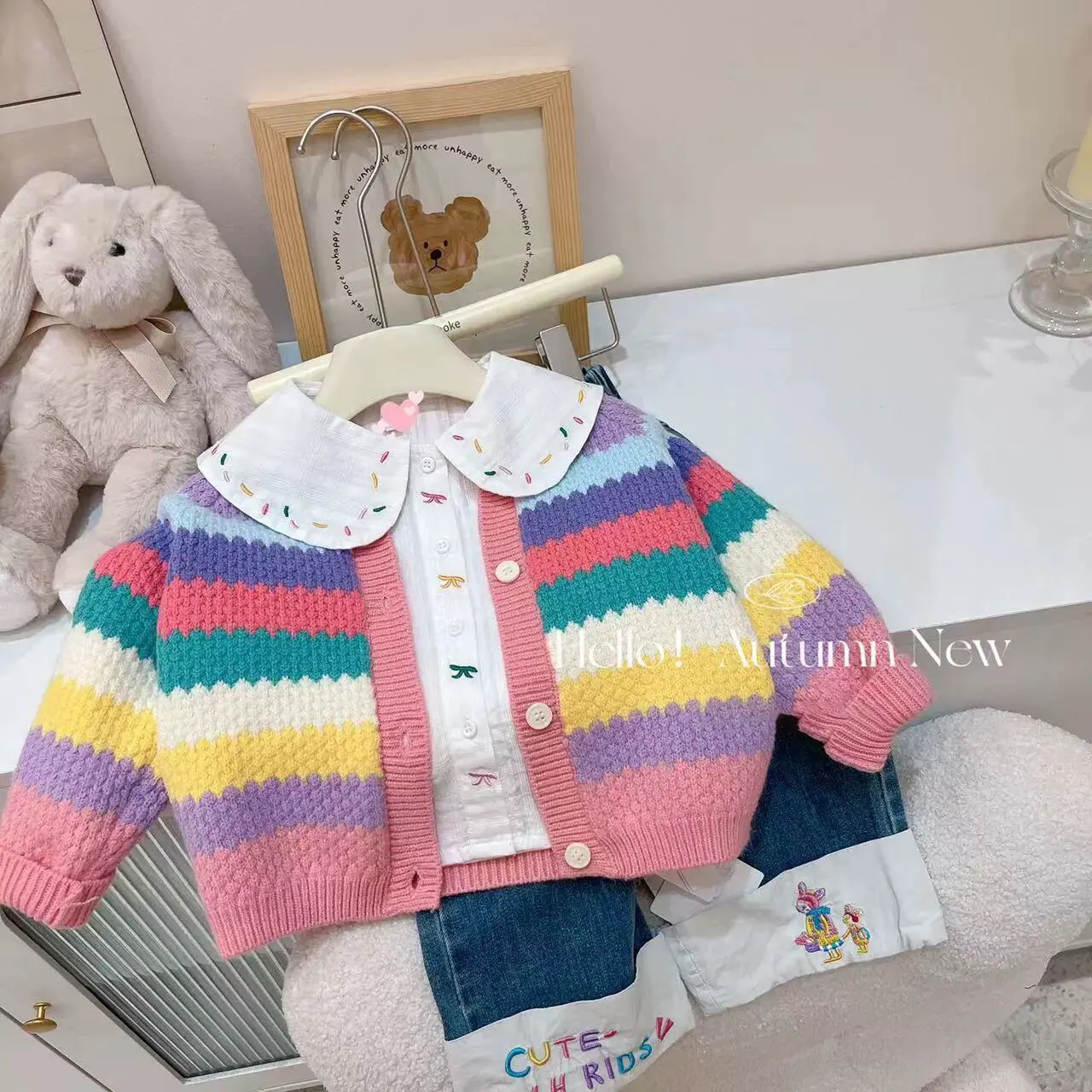 Girls Cardigan Sweater Jacket Colorful Stripes Spring Autumn Outfit Princess Suits Children Baby Kids Coat