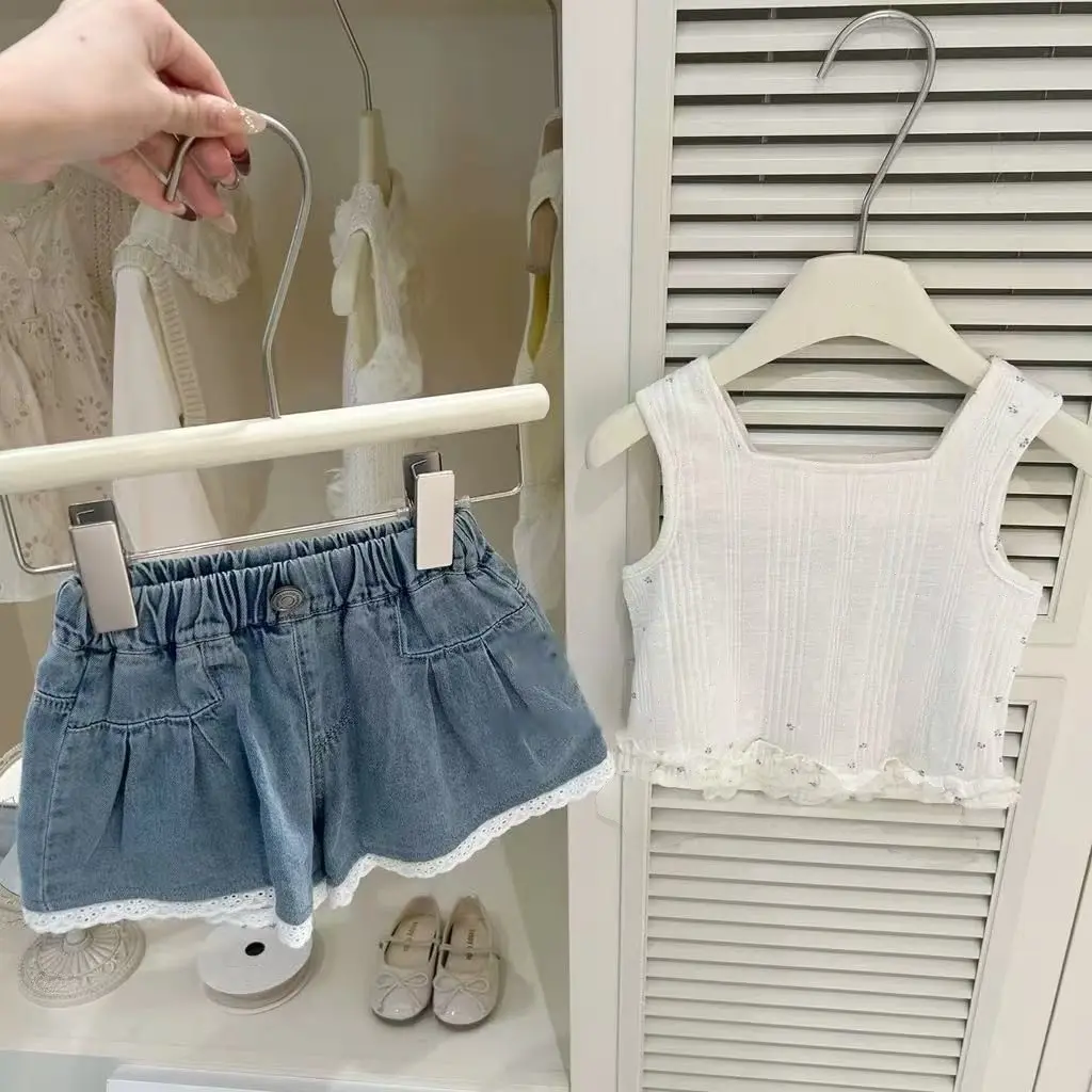 Summer Floral Lace Knitted Vest And Denim Shorts Two-Piece Set for Girls Baby Style Casual Comfortable Outfit