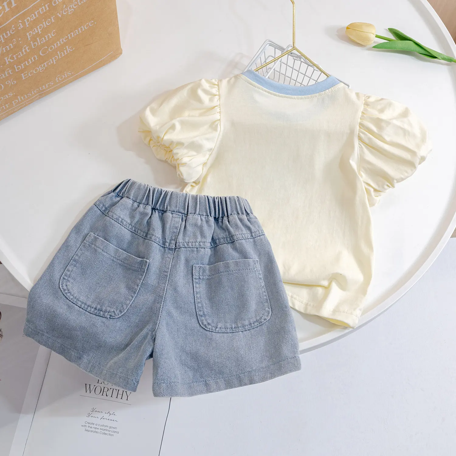 Summer Minimalist Versatile Kids Two-Piece Set T-Shirt And Denim Shorts Stylish Outfit for Children