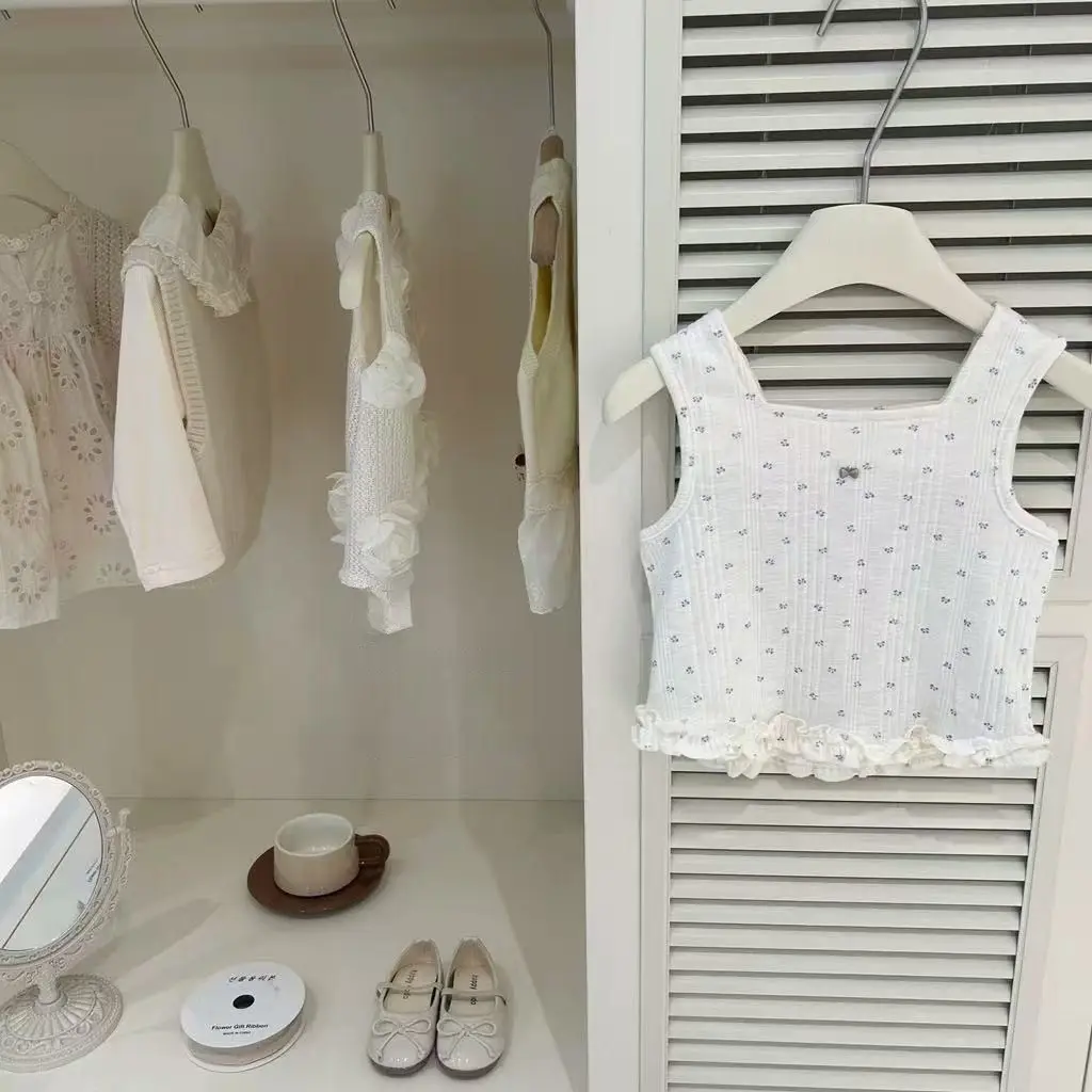 Summer Floral Lace Knitted Vest And Denim Shorts Two-Piece Set for Girls Baby Style Casual Comfortable Outfit