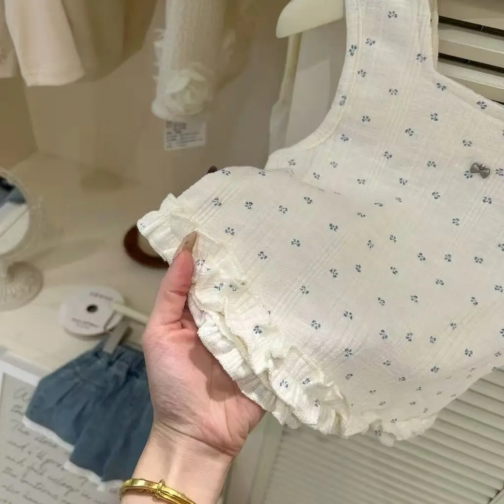 Summer Floral Lace Knitted Vest And Denim Shorts Two-Piece Set for Girls Baby Style Casual Comfortable Outfit