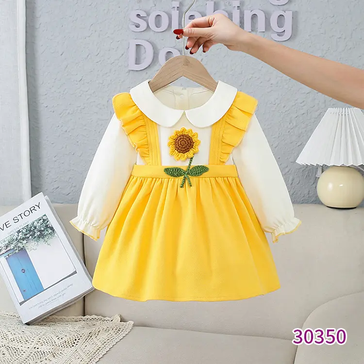 Girls Princess Sweet Dress Spring Autumn Children Baby Kids Sunshine Sunflower Long sleeve Holiday Birthday Dress
