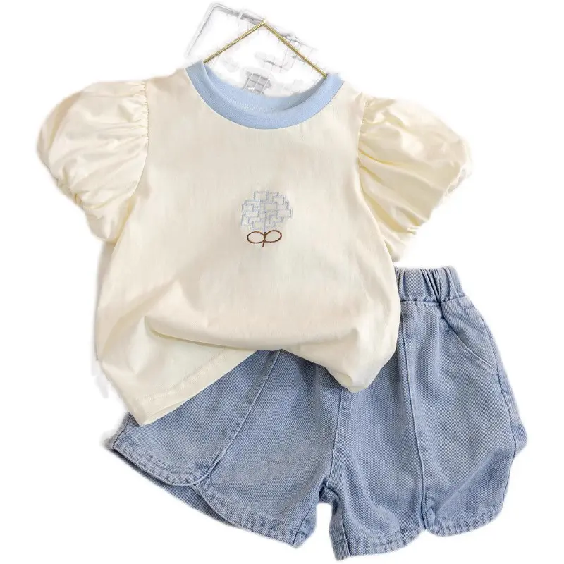 Summer Minimalist Versatile Kids Two-Piece Set T-Shirt And Denim Shorts Stylish Outfit for Children