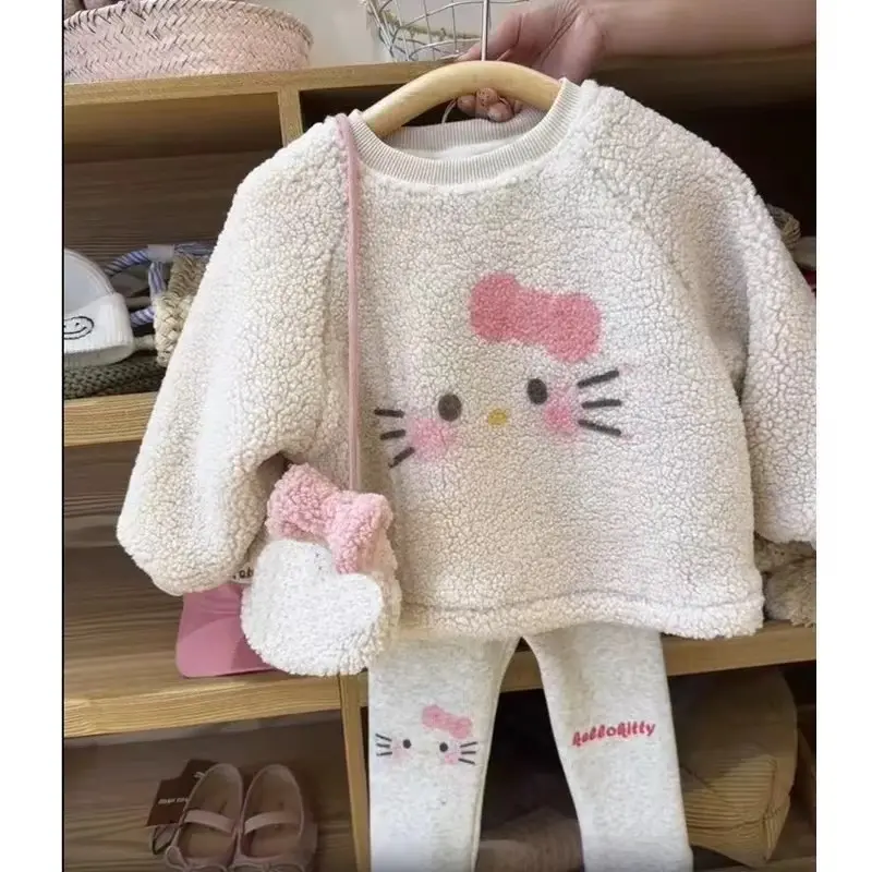 Girl's Sweet Sets Winter Children Kids Infants Lovely Cartoon Plush Velvet Bag +Coat +Leggings Suit Outfits Kids Girls