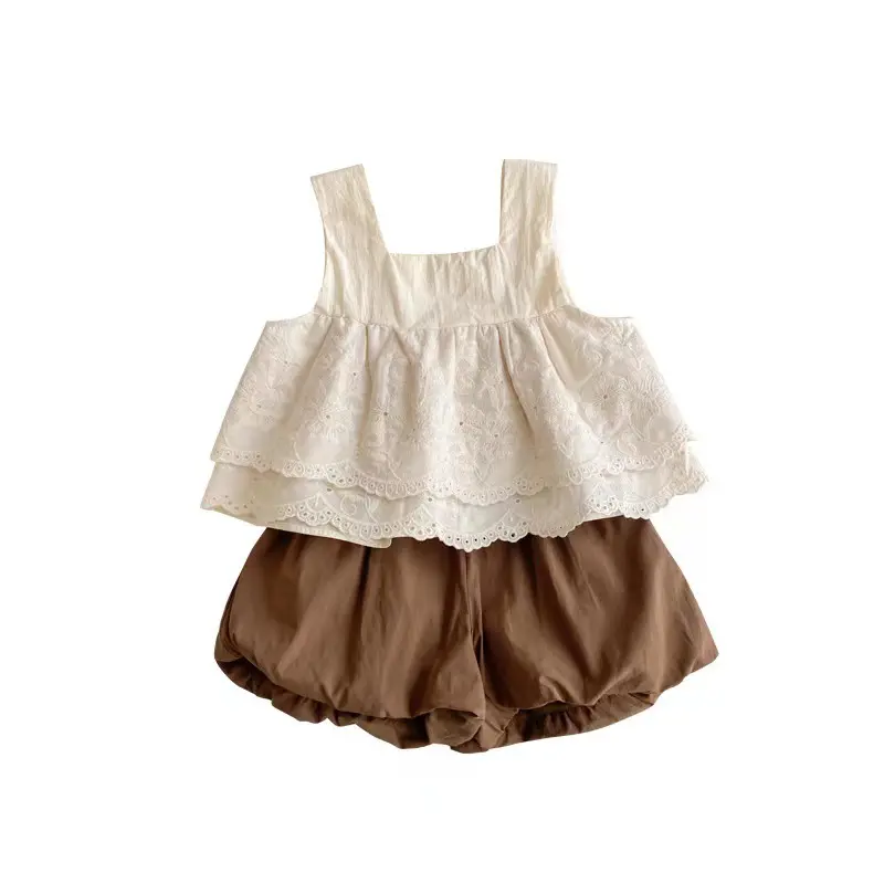 Girls' Stylish Vest Embroidered Baby Shirt Sleeveless Top with Flower Bud Pants Two-Piece Set