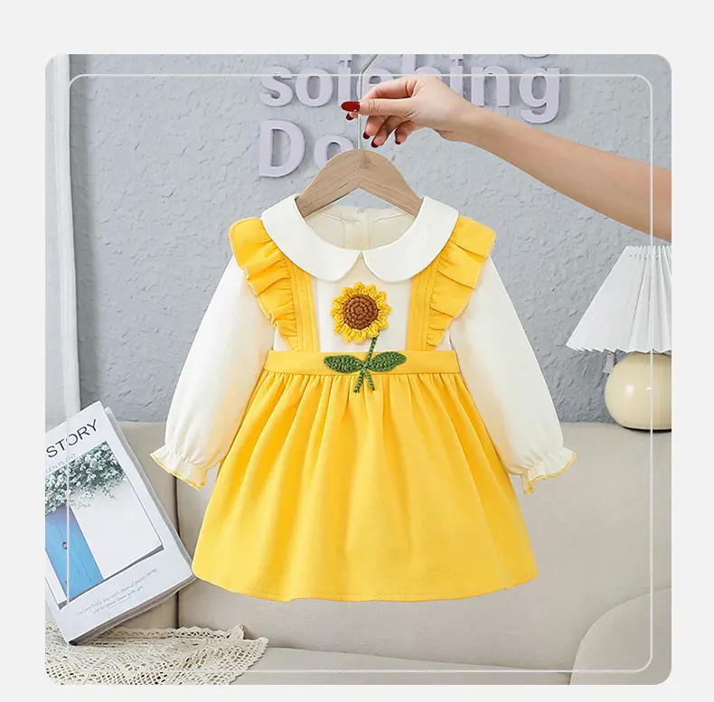 Girls Princess Sweet Dress Spring Autumn Children Baby Kids Sunshine Sunflower Long sleeve Holiday Birthday Dress