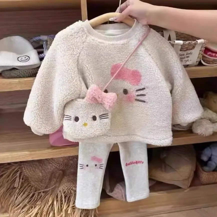 Girl's Sweet Sets Winter Children Kids Infants Lovely Cartoon Plush Velvet Bag +Coat +Leggings Suit Outfits Kids Girls
