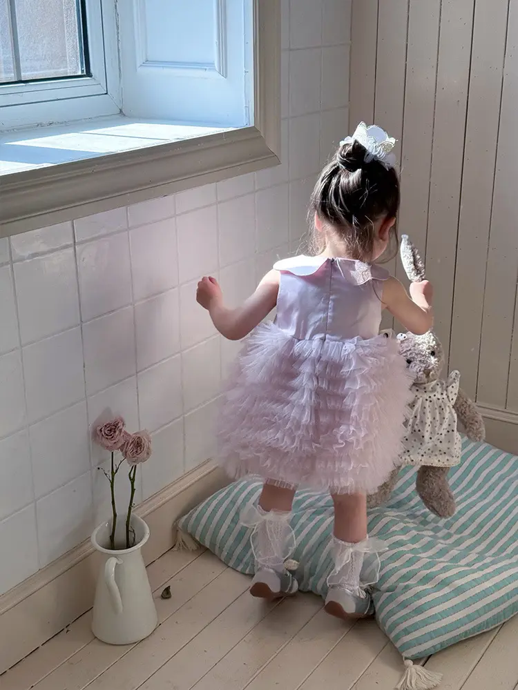 Sweet Tulle Bow Princess Dress for Girls Summer New Style Infant Baby Girl Lapel Dress
