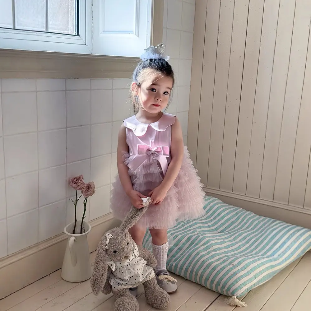 Sweet Tulle Bow Princess Dress for Girls Summer New Style Infant Baby Girl Lapel Dress