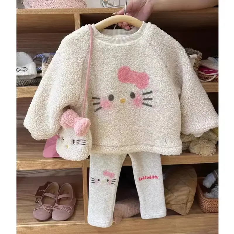 Girl's Sweet Sets Winter Children Kids Infants Lovely Cartoon Plush Velvet Bag +Coat +Leggings Suit Outfits Kids Girls