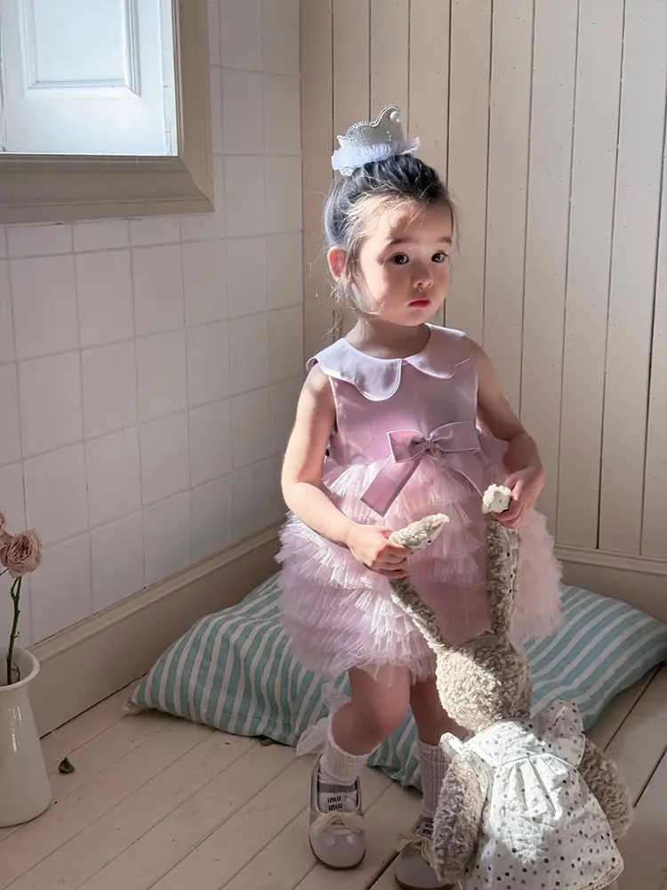Sweet Tulle Bow Princess Dress for Girls Summer New Style Infant Baby Girl Lapel Dress
