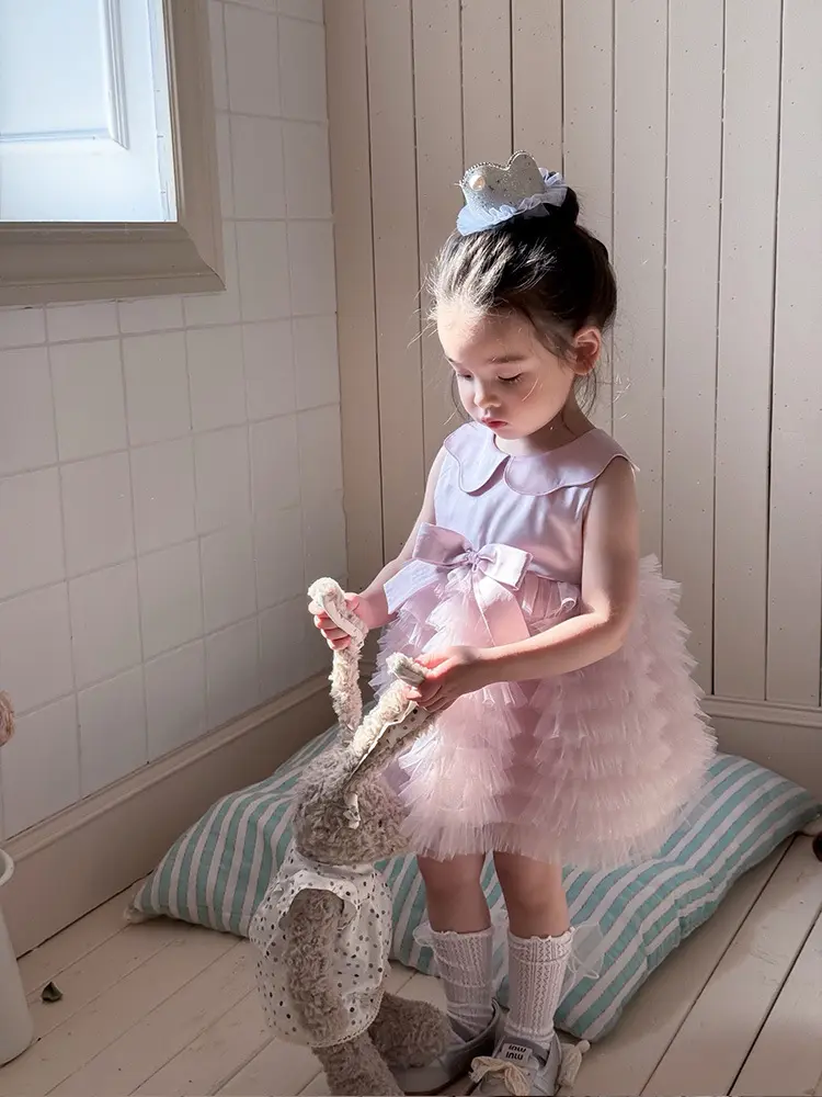 Sweet Tulle Bow Princess Dress for Girls Summer New Style Infant Baby Girl Lapel Dress