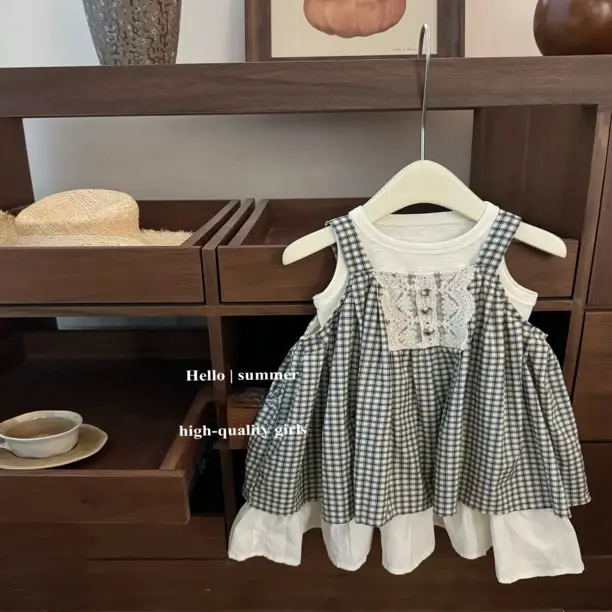 Summer Baby Girl Lace Princess Outfit Loose Sleeveless Vest T-Shirt Fashion Color Match Checkered Vest Skirt 2-Piece Set