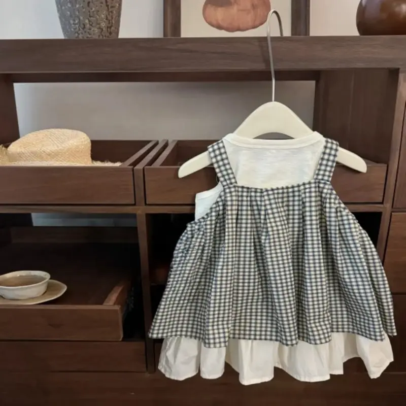 Summer Baby Girl Lace Princess Outfit Loose Sleeveless Vest T-Shirt Fashion Color Match Checkered Vest Skirt 2-Piece Set