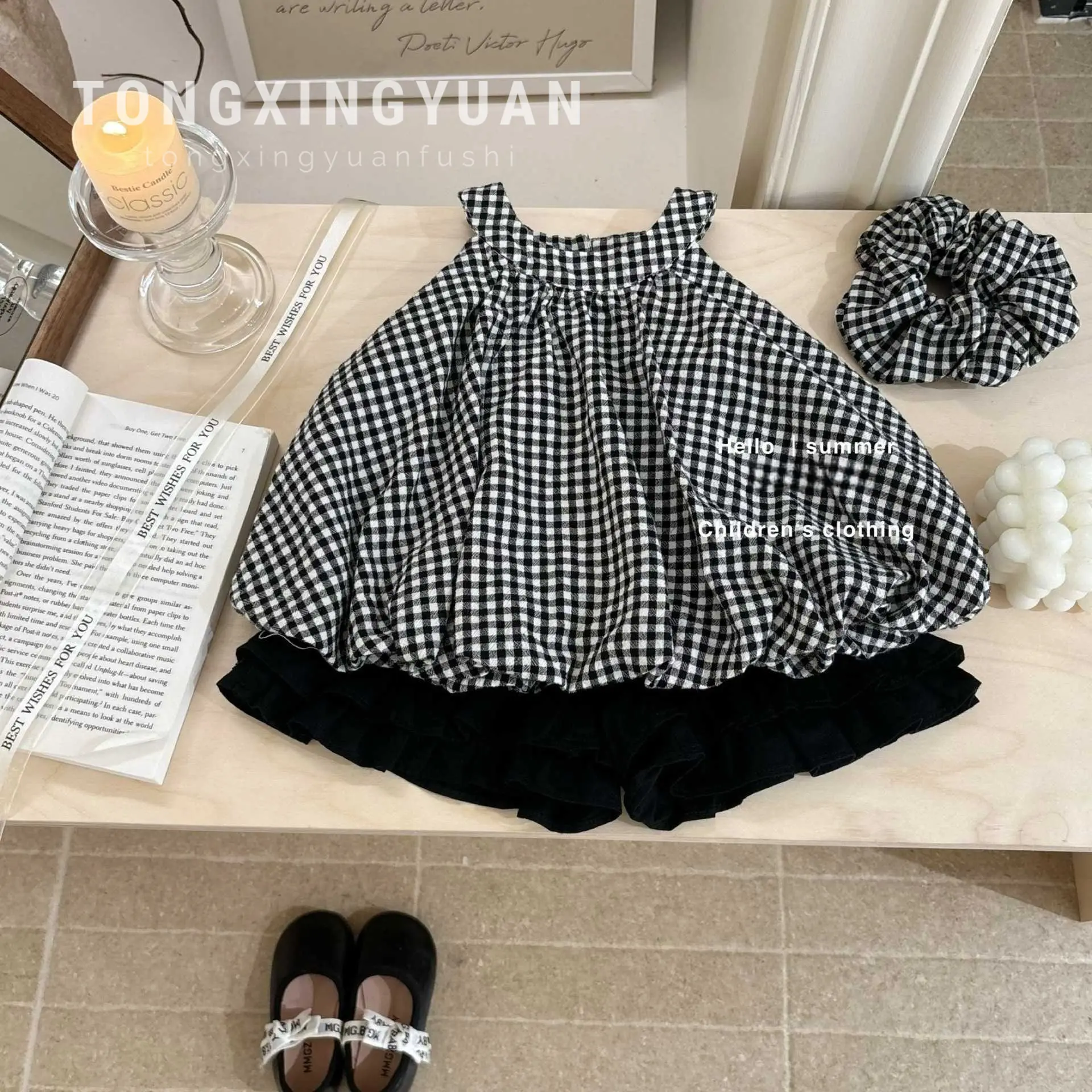 Summer Children's Fashionable Two-Piece Set with Hairband Sleeveless Checkered Halter Top And Shorts for Kids