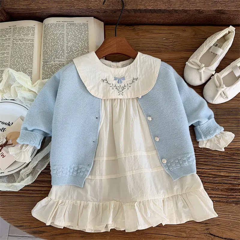 Girl's Sweet Embroidery Sets Autumn Children Kids Infants Cardigan+Princess Dress 2Pcs Suit