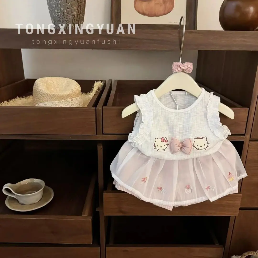 Baby Girl's Cute Two-Piece Set Cartoon Vest And Pink Checkered Lace Pants Outfit for Infants Stylish And Comfortable Clothing