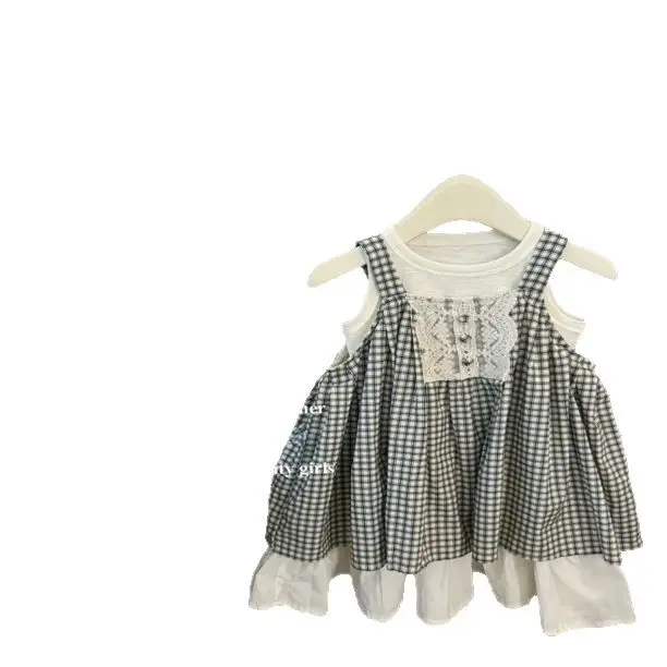 Summer Baby Girl Lace Princess Outfit Loose Sleeveless Vest T-Shirt Fashion Color Match Checkered Vest Skirt 2-Piece Set