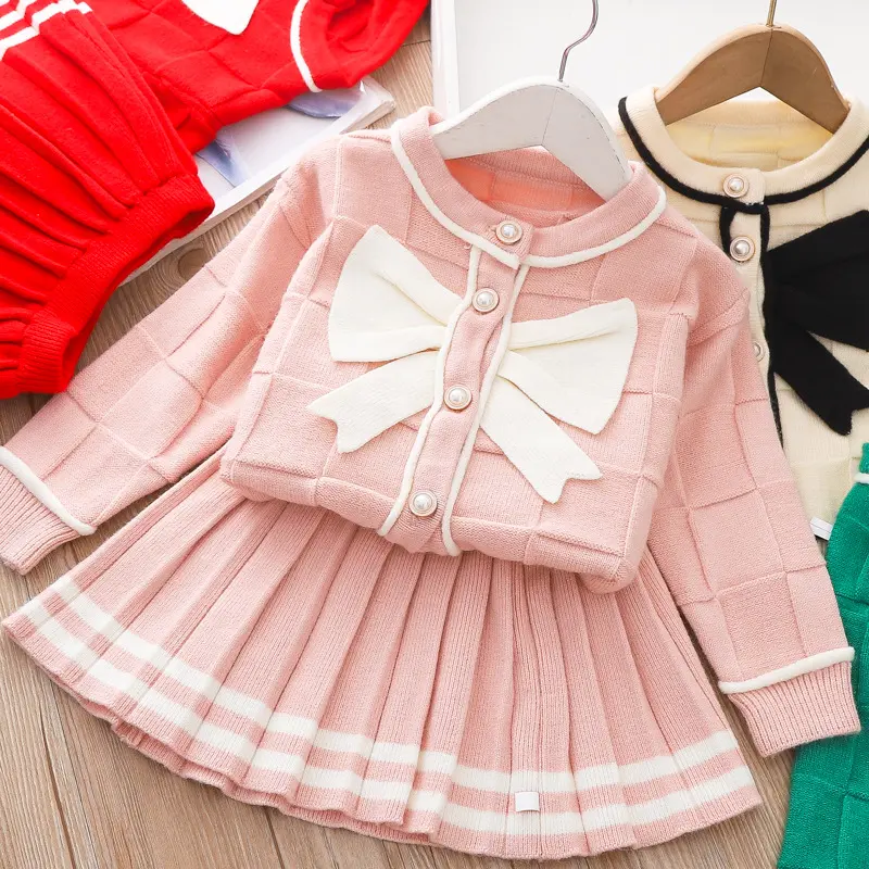 Baby Girls Knitting Sweet Cardigan Suits Autumn Winter Children Baby Infants Kids Bowknot Coat + Pleated Skirt 2pcs Sets Kids