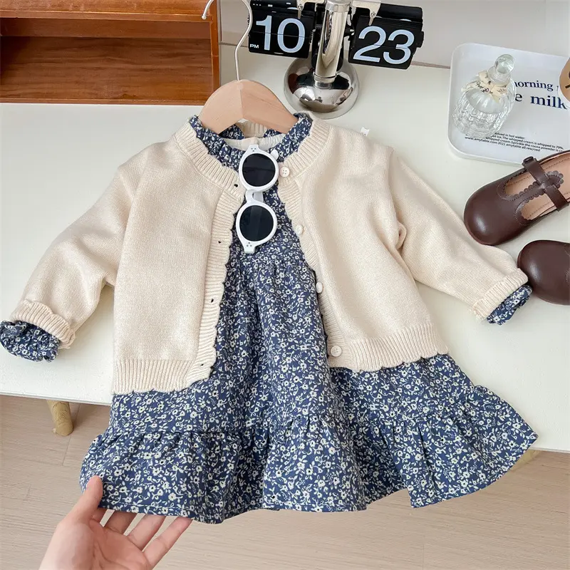 Girls Princess Sweet 2pcs Suit Spring Autumn Children Baby Kids Knitted Long Sleeve Cardigan+Collar Floral Dress Sets