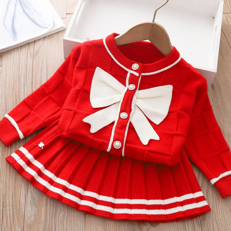 Baby Girls Knitting Sweet Cardigan Suits Autumn Winter Children Baby Infants Kids Bowknot Coat + Pleated Skirt 2pcs Sets Kids