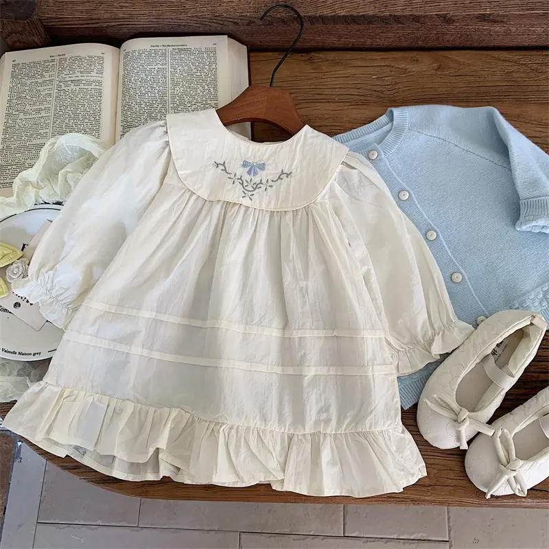 Girl's Sweet Embroidery Sets Autumn Children Kids Infants Cardigan+Princess Dress 2Pcs Suit