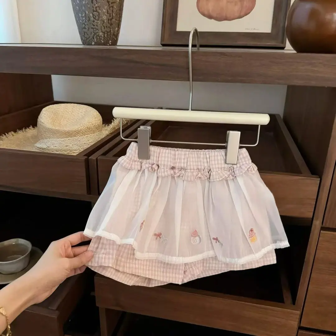 Baby Girl's Cute Two-Piece Set Cartoon Vest And Pink Checkered Lace Pants Outfit for Infants Stylish And Comfortable Clothing