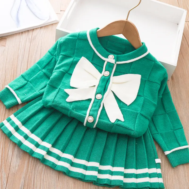 Baby Girls Knitting Sweet Cardigan Suits Autumn Winter Children Baby Infants Kids Bowknot Coat + Pleated Skirt 2pcs Sets Kids