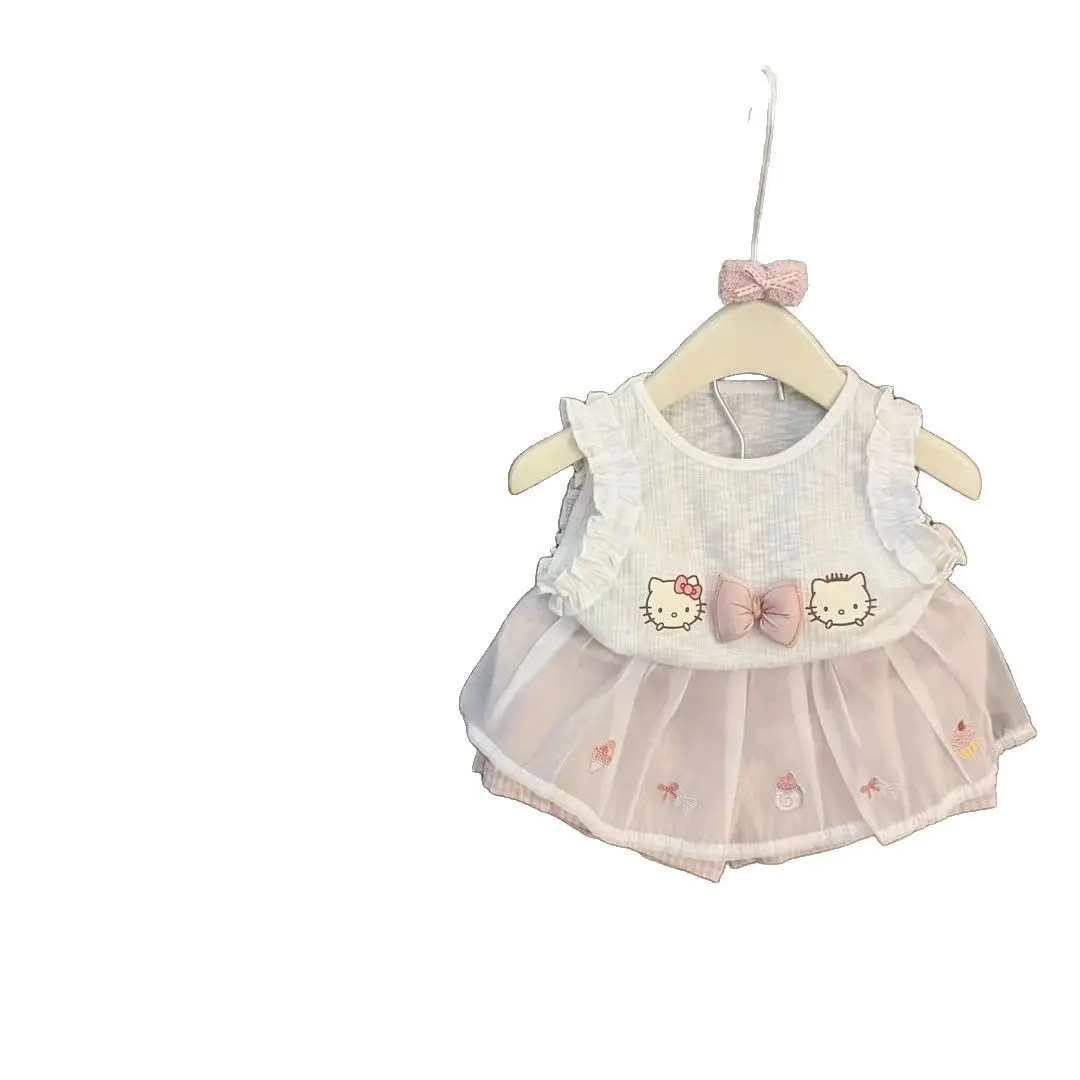 Baby Girl's Cute Two-Piece Set Cartoon Vest And Pink Checkered Lace Pants Outfit for Infants Stylish And Comfortable Clothing