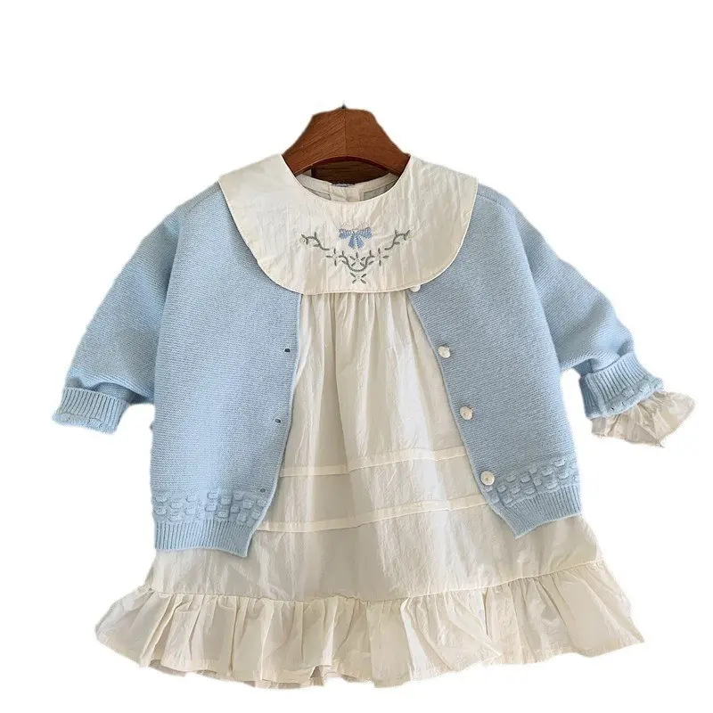 Girl's Sweet Embroidery Sets Autumn Children Kids Infants Cardigan+Princess Dress 2Pcs Suit