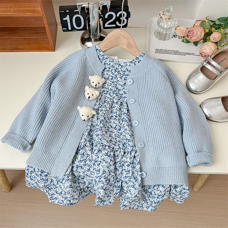 Girls Princess Sweet 2Pcs Suit Spring Autumn Children Baby Kids  Flower Dress+Knit Jacket Outerwear Suit Toddler Outfits