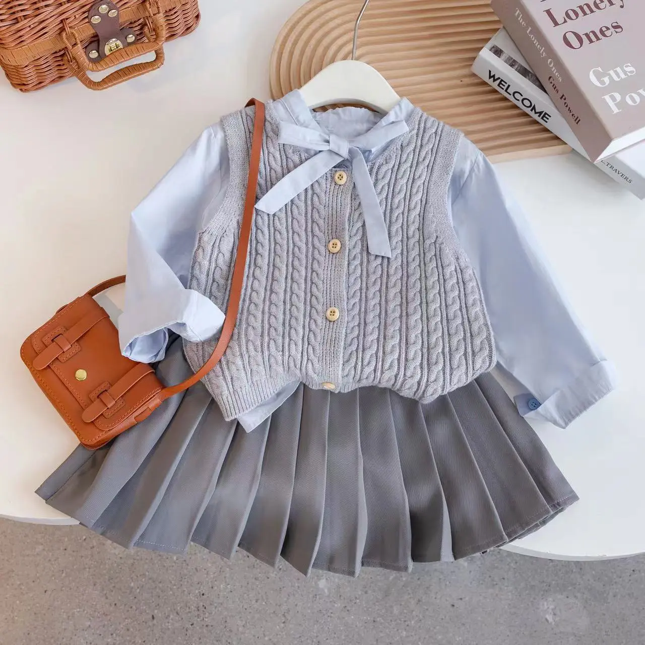 Girl'S Sweet 3pcs Sets Autumn Children Kids Infants Bow Shirt+ Knitted Vest+Pleated Skirt