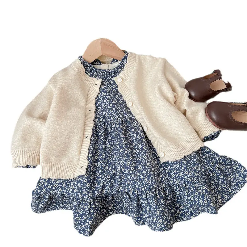 Girls Princess Sweet 2pcs Suit Spring Autumn Children Baby Kids Knitted Long Sleeve Cardigan+Collar Floral Dress Sets