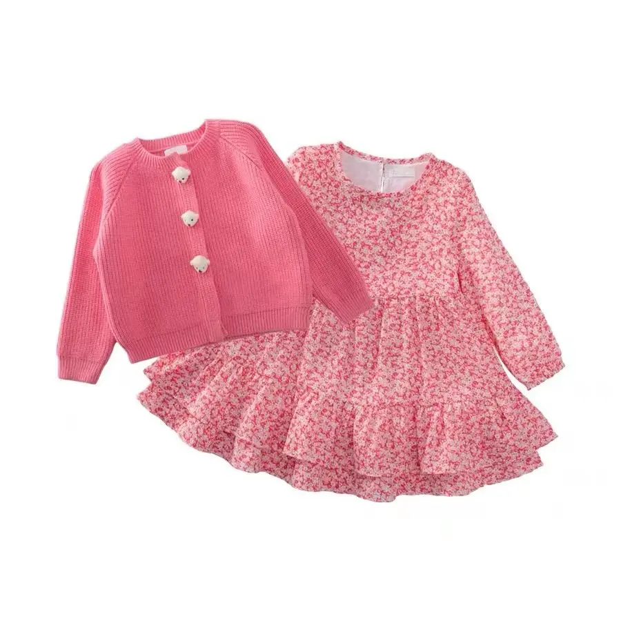 Girls Princess Sweet 2Pcs Suit Spring Autumn Children Baby Kids  Flower Dress+Knit Jacket Outerwear Suit Toddler Outfits