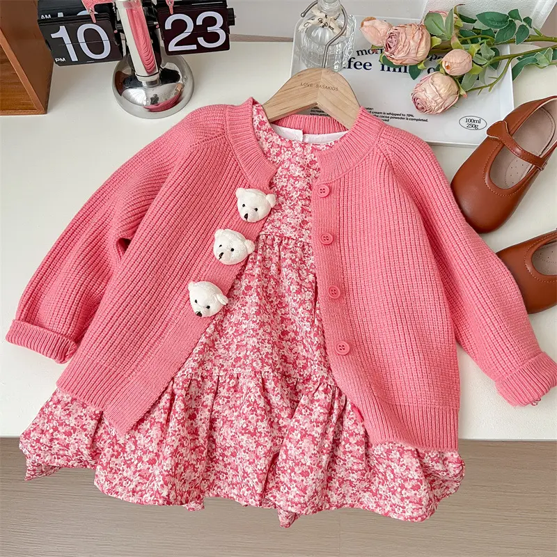 Girls Princess Sweet 2Pcs Suit Spring Autumn Children Baby Kids  Flower Dress+Knit Jacket Outerwear Suit Toddler Outfits