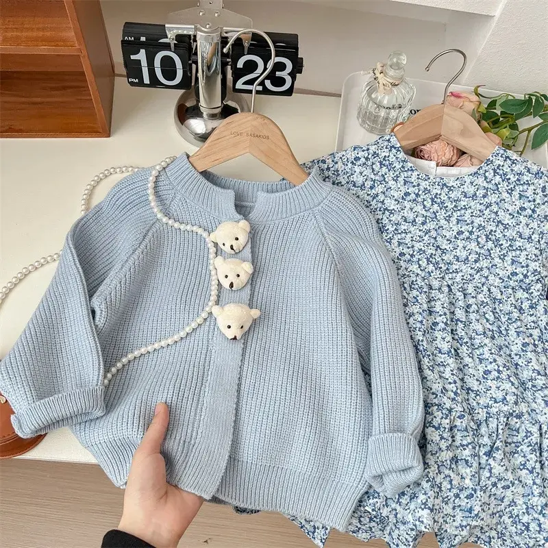 Girls Princess Sweet 2Pcs Suit Spring Autumn Children Baby Kids  Flower Dress+Knit Jacket Outerwear Suit Toddler Outfits