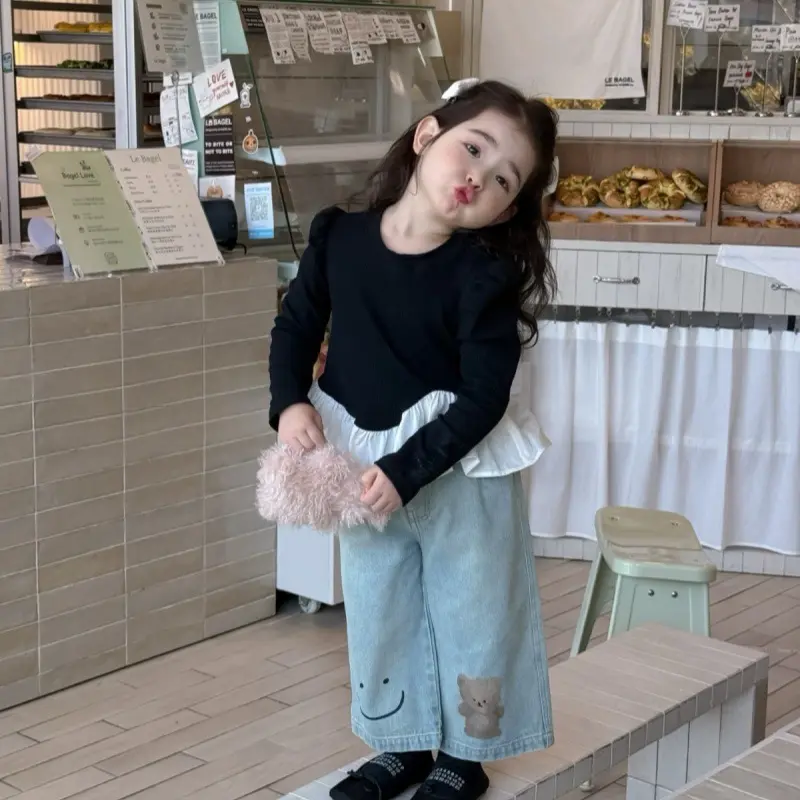 Girl'S Princess 2pcs Sets Spring Autumn New Children'S Ruffled Style Top T-Shirt + Bear Jeans Suit Kids