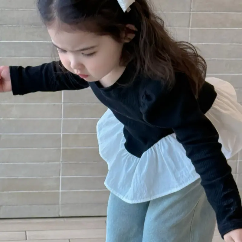 Girl'S Princess 2pcs Sets Spring Autumn New Children'S Ruffled Style Top T-Shirt + Bear Jeans Suit Kids