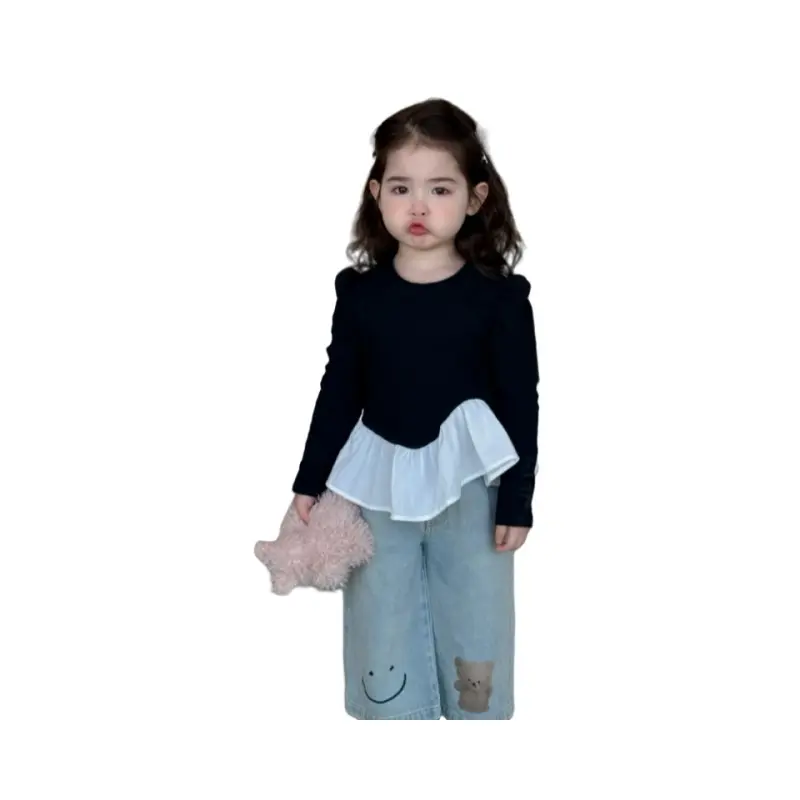 Girl'S Princess 2pcs Sets Spring Autumn New Children'S Ruffled Style Top T-Shirt + Bear Jeans Suit Kids