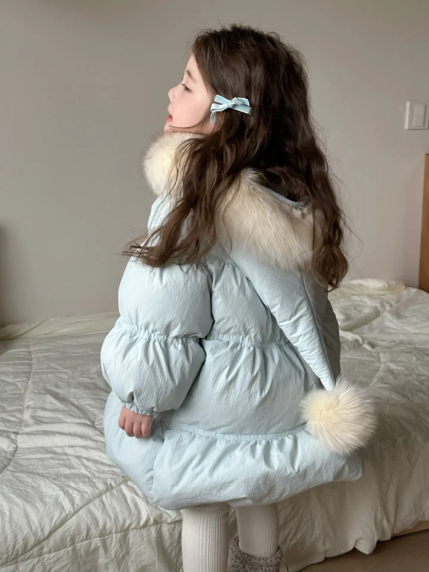 Girl's Sweet Hooded Bow Down Jacket Winter Children Infants Kids 90 White Duck Down Coat Fur Collar Children's Clothing
