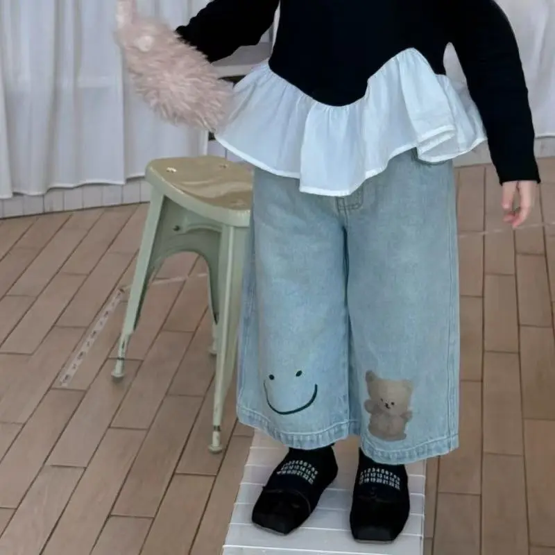 Girl'S Princess 2pcs Sets Spring Autumn New Children'S Ruffled Style Top T-Shirt + Bear Jeans Suit Kids